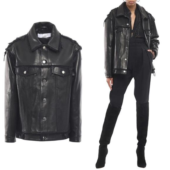 IRO Else Lamb Leather Black Moto Fringe Trimmed Button Up Jacket Boho US 6